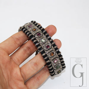 Multi tourmaline design thread bracelet Rosecut pave diamond thread bangle bracelet 925 sterling silver handmade finish bangle bracelet