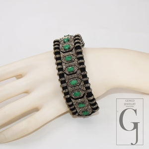 Green Emerald Design Thread Bracelet Rosecut Pave Diamond Thread Bangle Bracelet 925 Sterling Silver Handmade Finish Bangle Macrame Bracelet