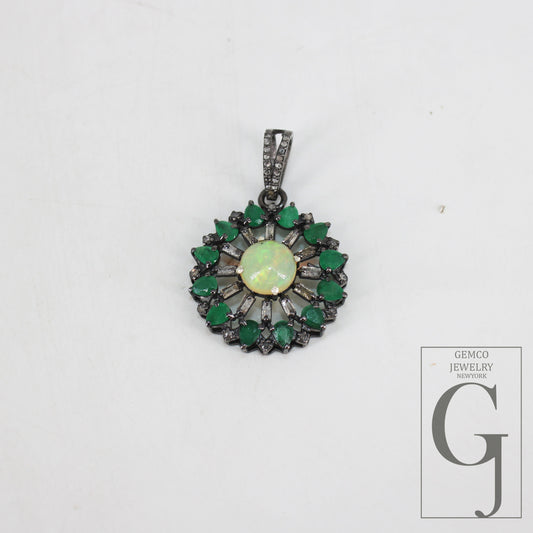 Beautiful Designer Emerald Opal Sun Pendant Rosecut Pave Diamond Pendant 925 Sterling Silver Handmade Finish Diamond Charm Necklace Pendant