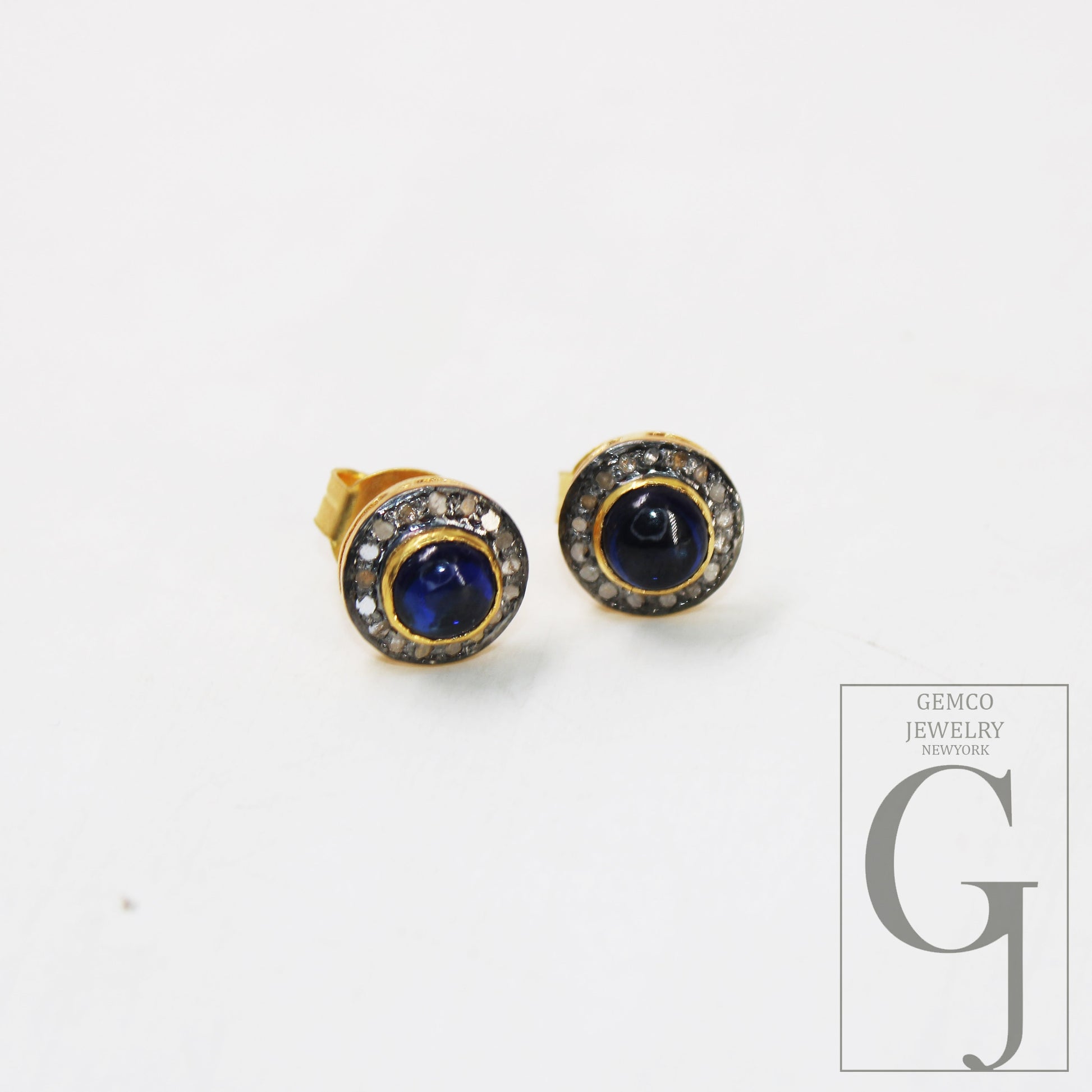 14k gold Sapphire earring studs Pave rosecut diamond 925 sterling silver handmade beautiful  diamond pave stud earrings jewelry 10mm size