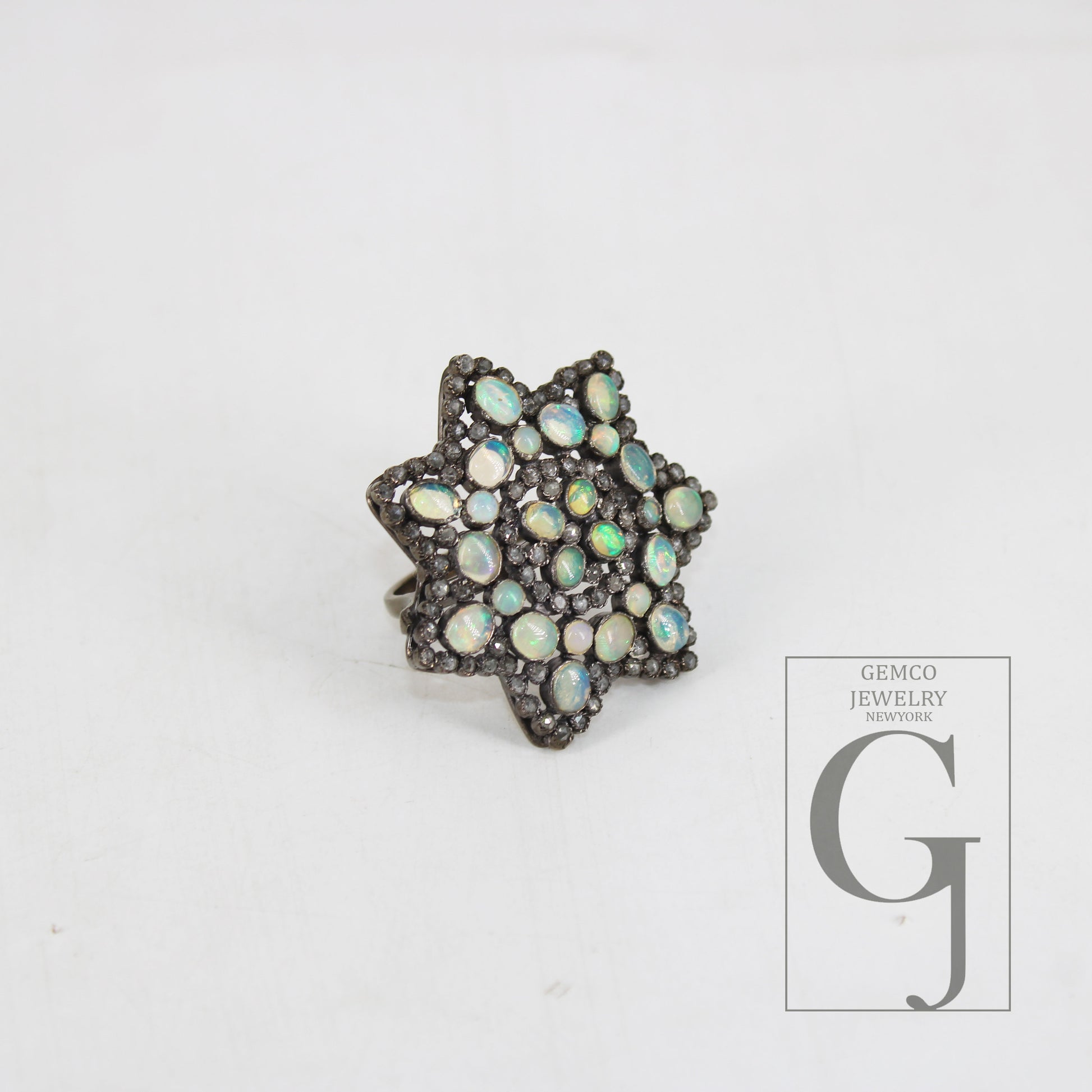 Flower look oxidized finish natural opal ring designer Rosecut pave diamond rings 925 sterling silver handmade silver finish diamond ring