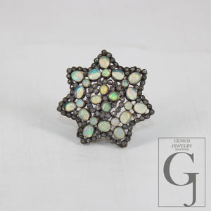 Flower look oxidized finish natural opal ring designer Rosecut pave diamond rings 925 sterling silver handmade silver finish diamond ring