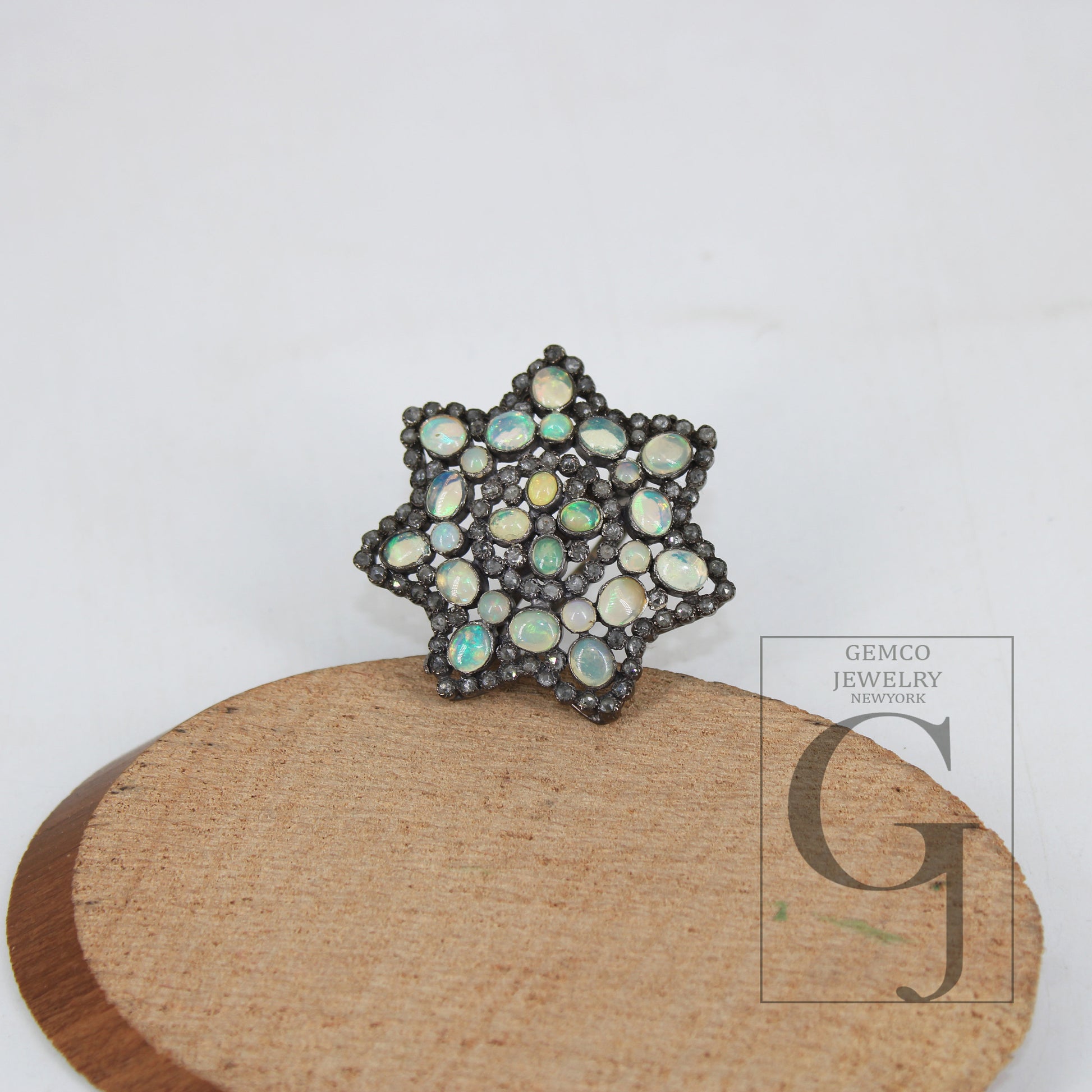 Flower look oxidized finish natural opal ring designer Rosecut pave diamond rings 925 sterling silver handmade silver finish diamond ring