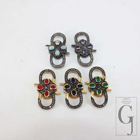 1pc Rosecut Pave Diamond Double Design Spring Clasps 925 Sterling Silver Handmade Finish Diamond/Sapphire/Ruby/Emerald/Opal/Tanzanite Clasps