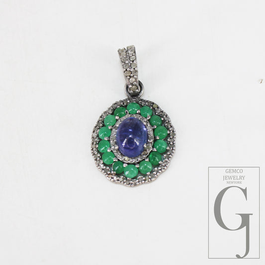 Antique look tanzanite emerald pendant designer Rosecut pave diamond pendant 925 sterling silver handmade finish diamond necklace pendant