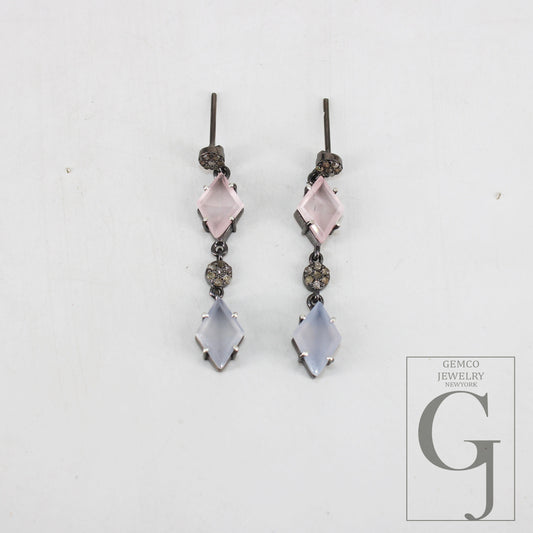 Spike Cut Rose Quartz Chalcedony Designer Earring Rosecut Pave Diamond Earrings 925 Sterling Silver Handmade Silver Finish Diamond Earring