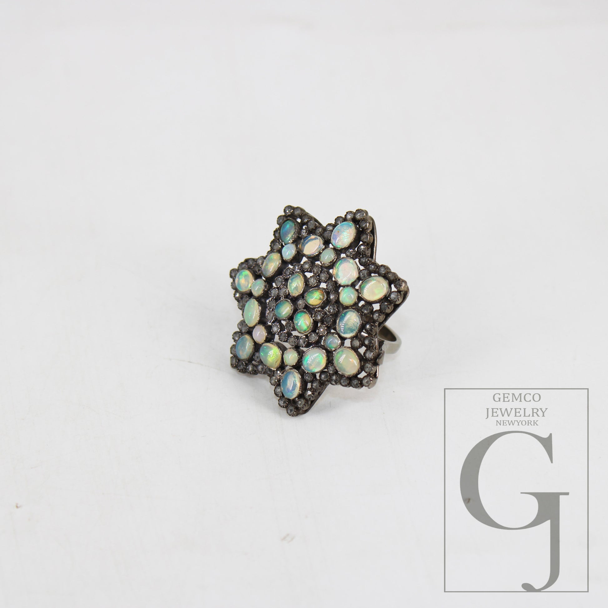 Flower look oxidized finish natural opal ring designer Rosecut pave diamond rings 925 sterling silver handmade silver finish diamond ring