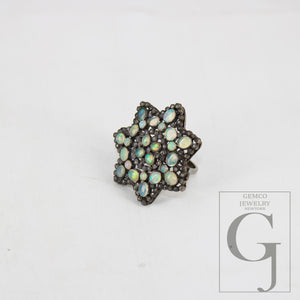 Flower look oxidized finish natural opal ring designer Rosecut pave diamond rings 925 sterling silver handmade silver finish diamond ring