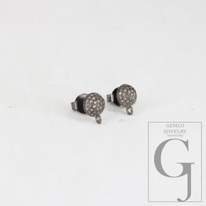 1 pair Oxidized Pave Brilliant Diamond 925 Sterling Silver Handmade Very Beautiful Diamond Pave Stud Earrings With Loop