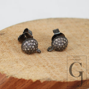 1 pair oxidized Pave brilliant diamond 925 sterling silver handmade very beautiful diamond pave stud earrings with loop