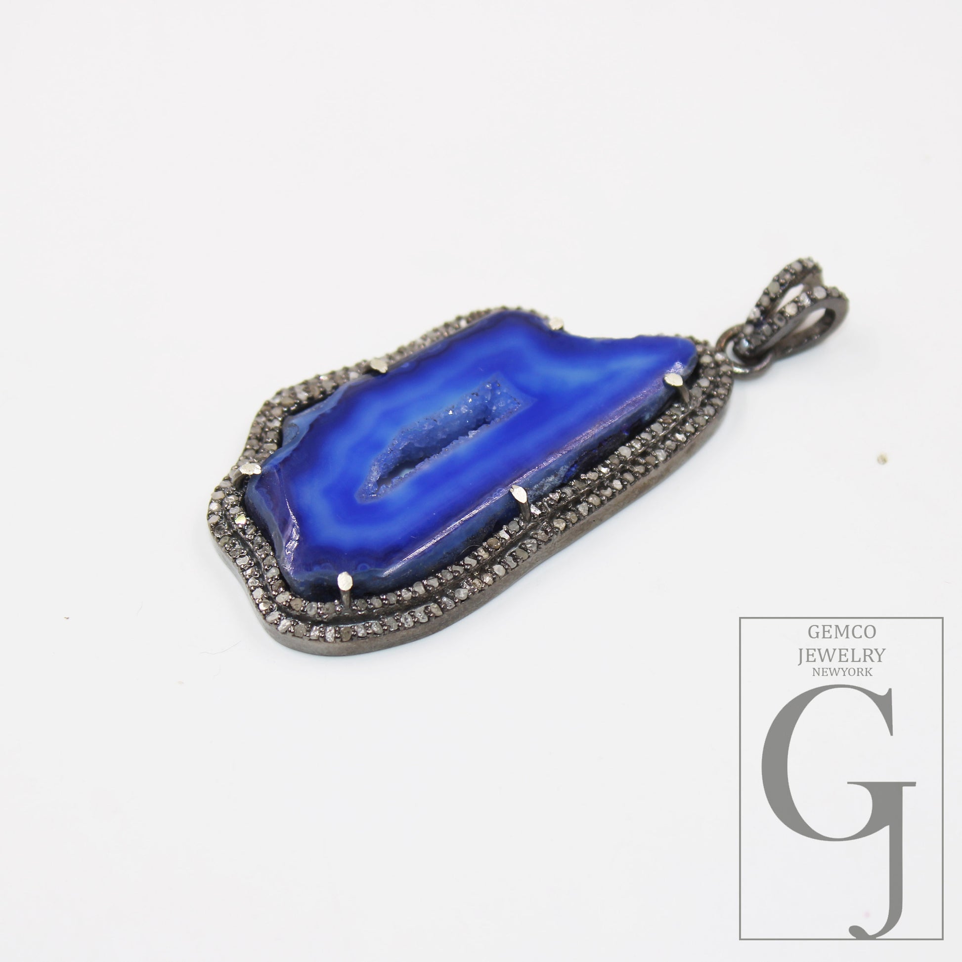 Blue druse natural agate pendant designer Rosecut pave diamond pendant 925 sterling silver handmade finish diamond charms necklace pendant