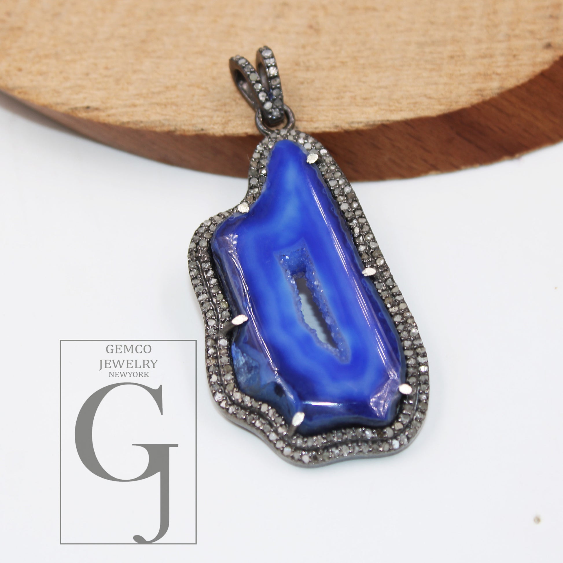 Blue druse natural agate pendant designer Rosecut pave diamond pendant 925 sterling silver handmade finish diamond charms necklace pendant