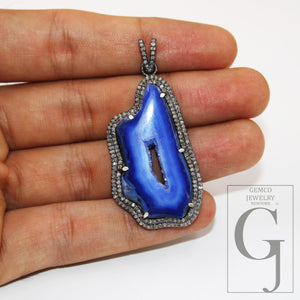 Blue druse natural agate pendant designer Rosecut pave diamond pendant 925 sterling silver handmade finish diamond charms necklace pendant