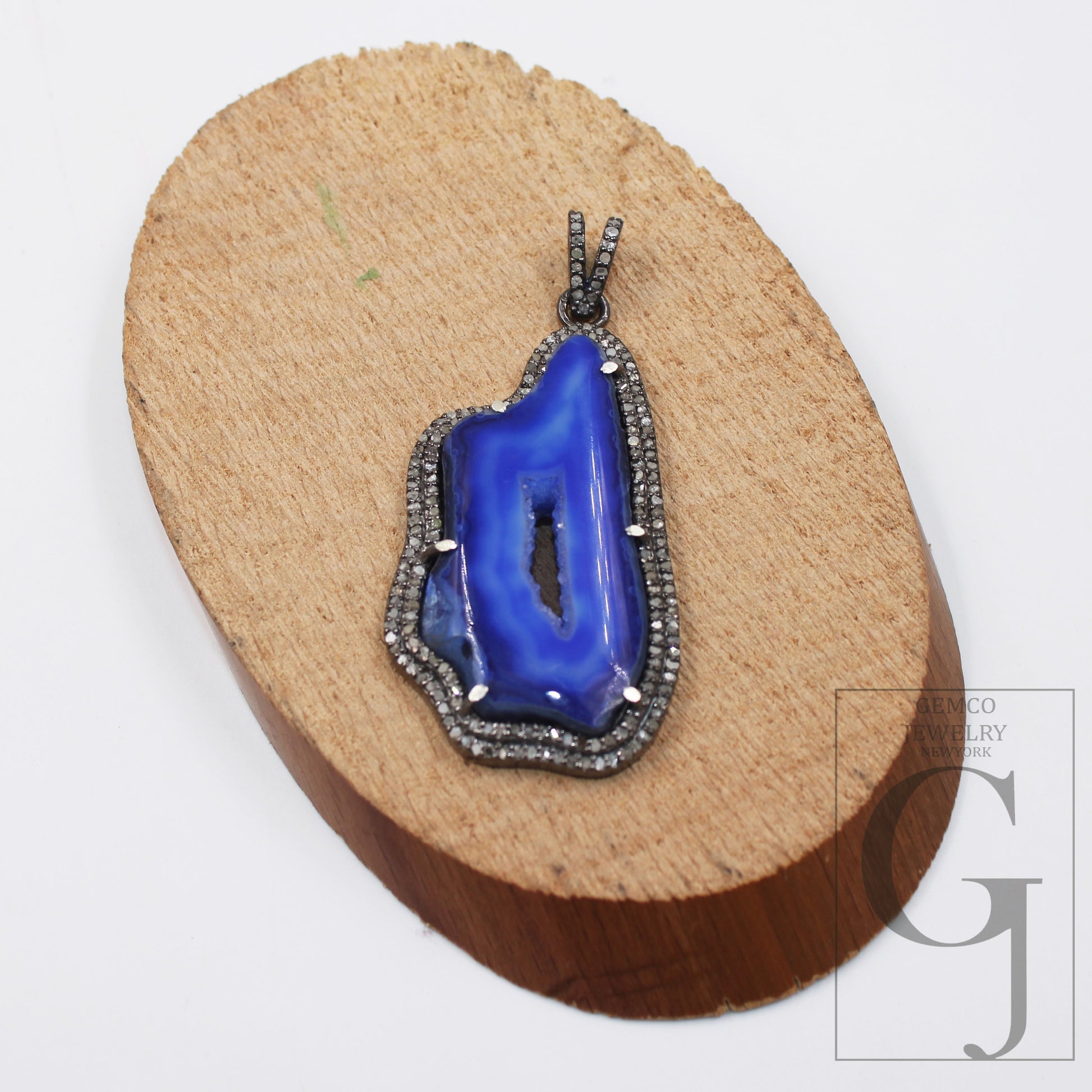 Blue druse natural agate pendant designer Rosecut pave diamond pendant 925 sterling silver handmade finish diamond charms necklace pendant