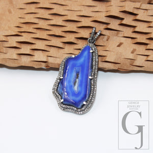 Blue druse natural agate pendant designer Rosecut pave diamond pendant 925 sterling silver handmade finish diamond charms necklace pendant