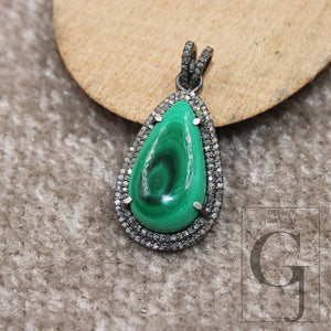 Antique Look Malachite Pendant Designer Rosecut Pave Diamond Pendant Sterling 925 Silver Handmade Finish Diamond Charms Necklace Pendant