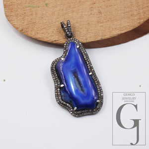 Blue druse natural agate pendant designer Rosecut pave diamond pendant 925 sterling silver handmade finish diamond charms necklace pendant