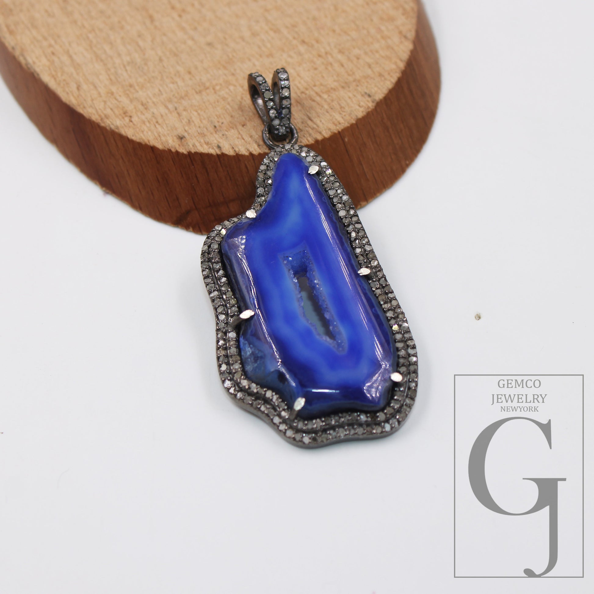 Blue druse natural agate pendant designer Rosecut pave diamond pendant 925 sterling silver handmade finish diamond charms necklace pendant