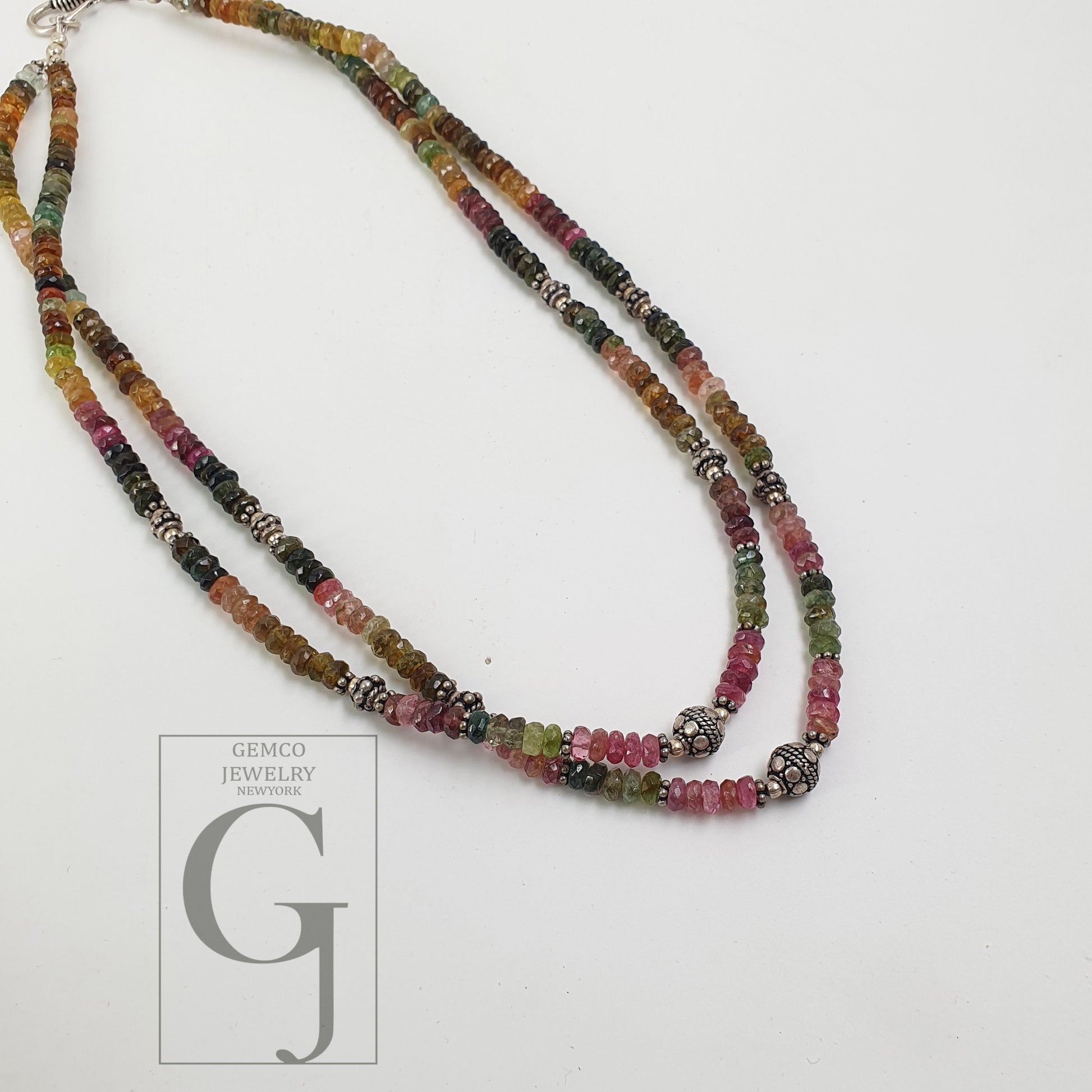 16&quot; AAA Quality Multi Tourmaline Rondels 925 Silver 2 String Necklace Antique Silver Beads Findings Spacers Ready To Eear Handmade Jewelry