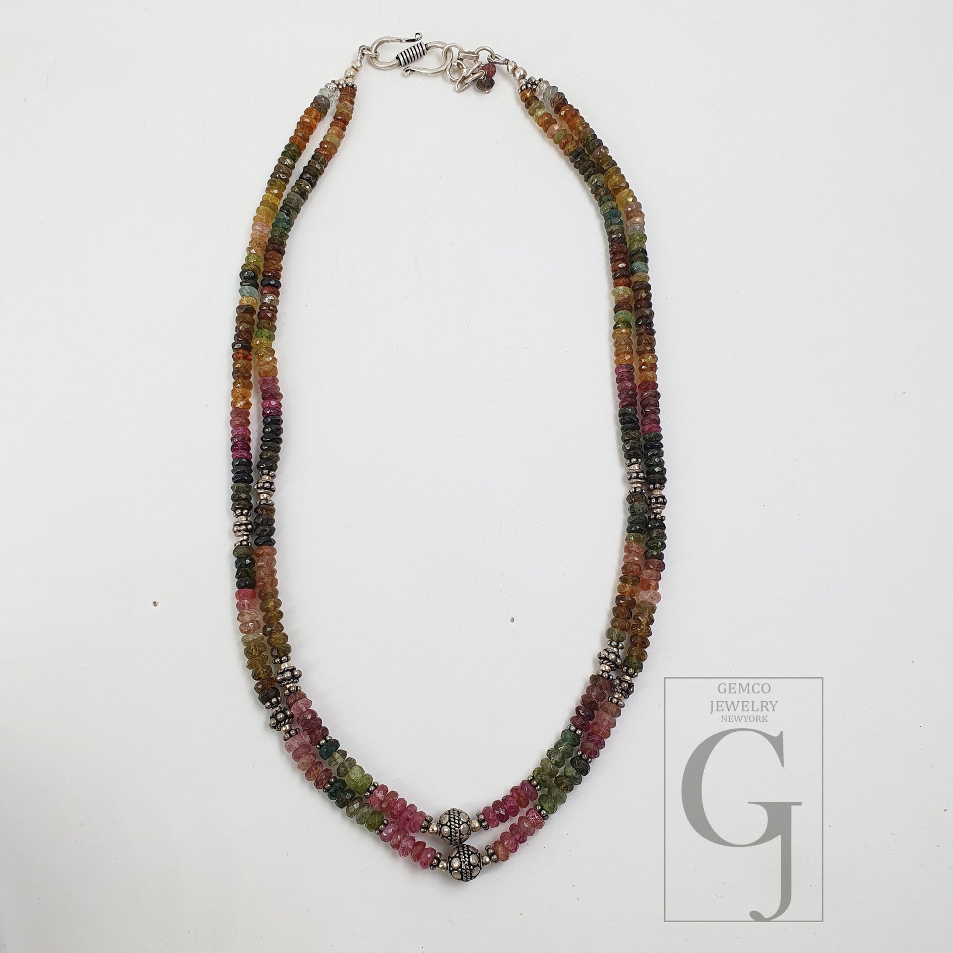 16&quot; AAA Quality Multi Tourmaline Rondels 925 Silver 2 String Necklace Antique Silver Beads Findings Spacers Ready To Eear Handmade Jewelry