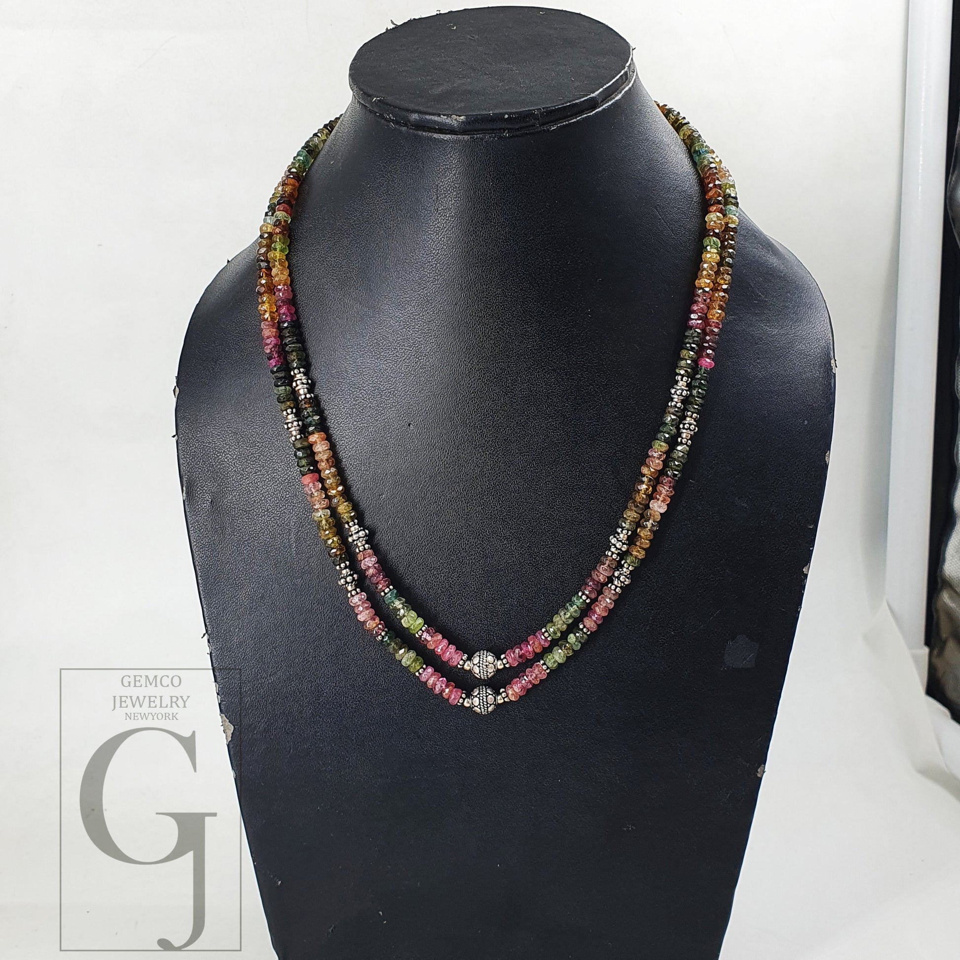 16&quot; AAA Quality Multi Tourmaline Rondels 925 Silver 2 String Necklace Antique Silver Beads Findings Spacers Ready To Eear Handmade Jewelry