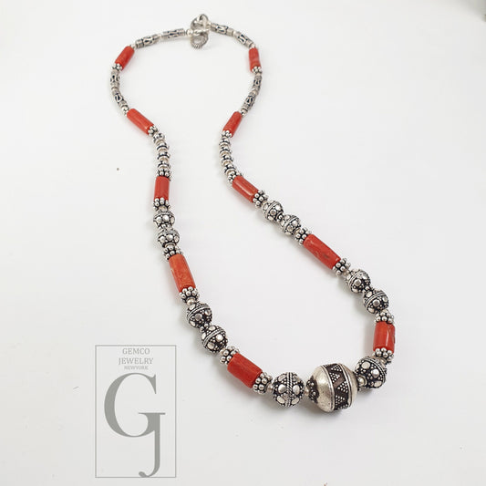 16" AAA Quality Natural Coral 925 Silver Necklace Handmade Jewelry, Antique Look Oxidized Beaded Necklace, Stone Beads Designers Choice