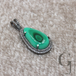 Antique Look Malachite Pendant Designer Rosecut Pave Diamond Pendant Sterling 925 Silver Handmade Finish Diamond Charms Necklace Pendant