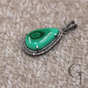 Antique Look Malachite Pendant Designer Rosecut Pave Diamond Pendant Sterling 925 Silver Handmade Finish Diamond Charms Necklace Pendant