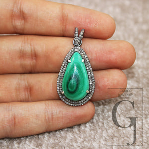 Antique Look Malachite Pendant Designer Rosecut Pave Diamond Pendant Sterling 925 Silver Handmade Finish Diamond Charms Necklace Pendant