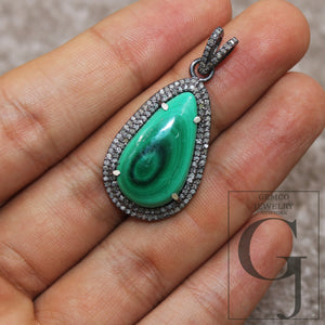 Antique Look Malachite Pendant Designer Rosecut Pave Diamond Pendant Sterling 925 Silver Handmade Finish Diamond Charms Necklace Pendant
