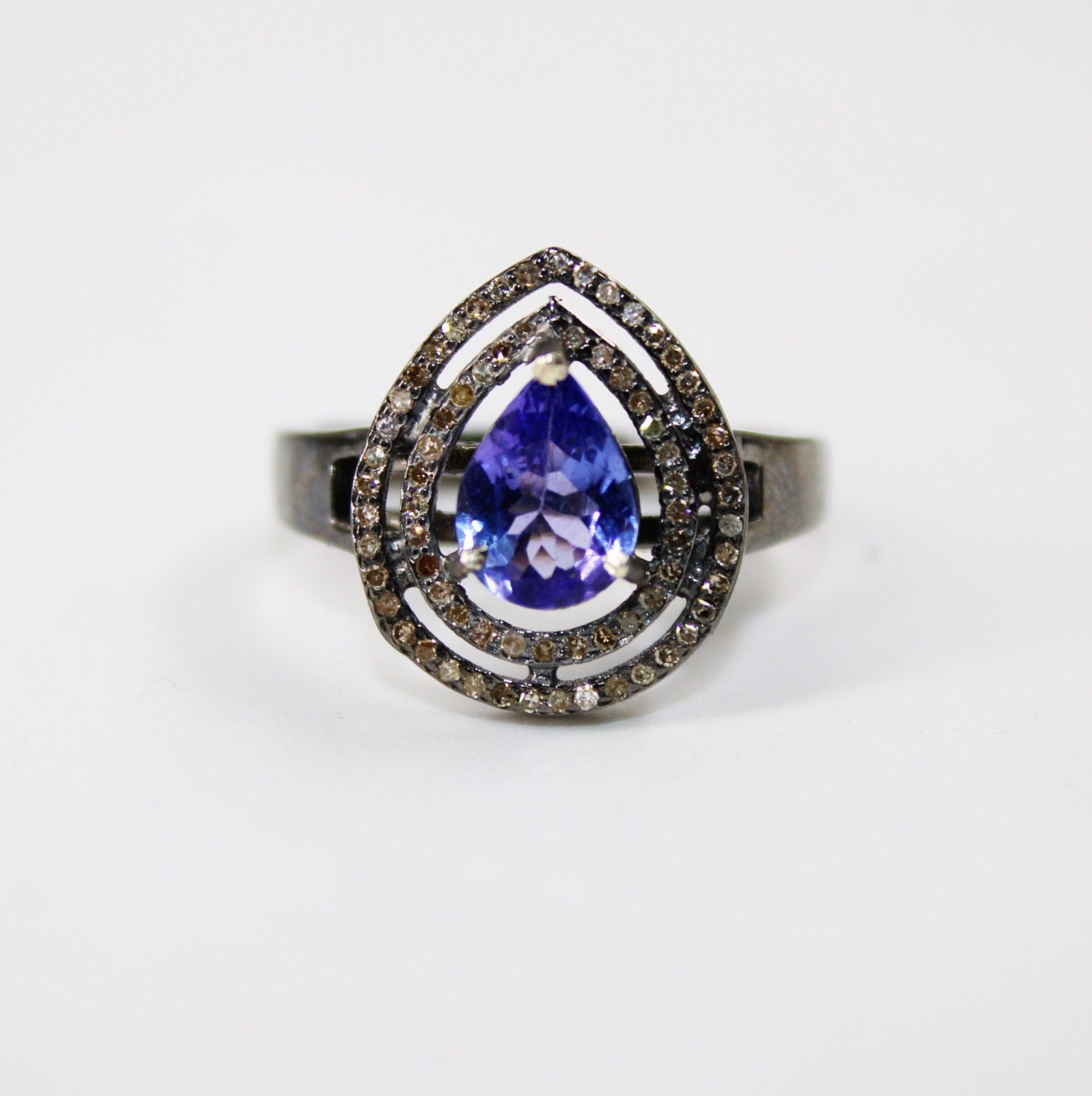 Antique Diamond Natural Pear Shape Tanzanite Ring Rosecut Pave Diamond Rings 925 Sterling Silver Handmade Silver Finish Diamond Ring Jewelry