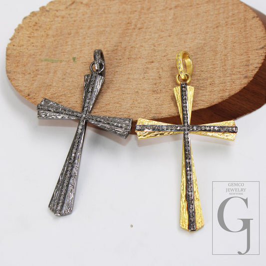 Antique Look Cross Designer Diamond Pendant Rosecut Pave Diamond Pendant 925 Sterling Silver Handmade Finish Diamond Charms Necklace Pendant