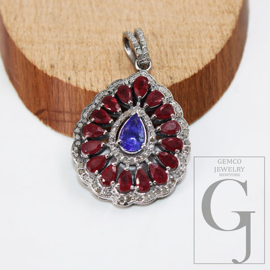 Silver finish Tanzanite and Ruby pendant designer Rosecut pave diamond pendant sterling 925 silver handmade finish diamond necklace pendant