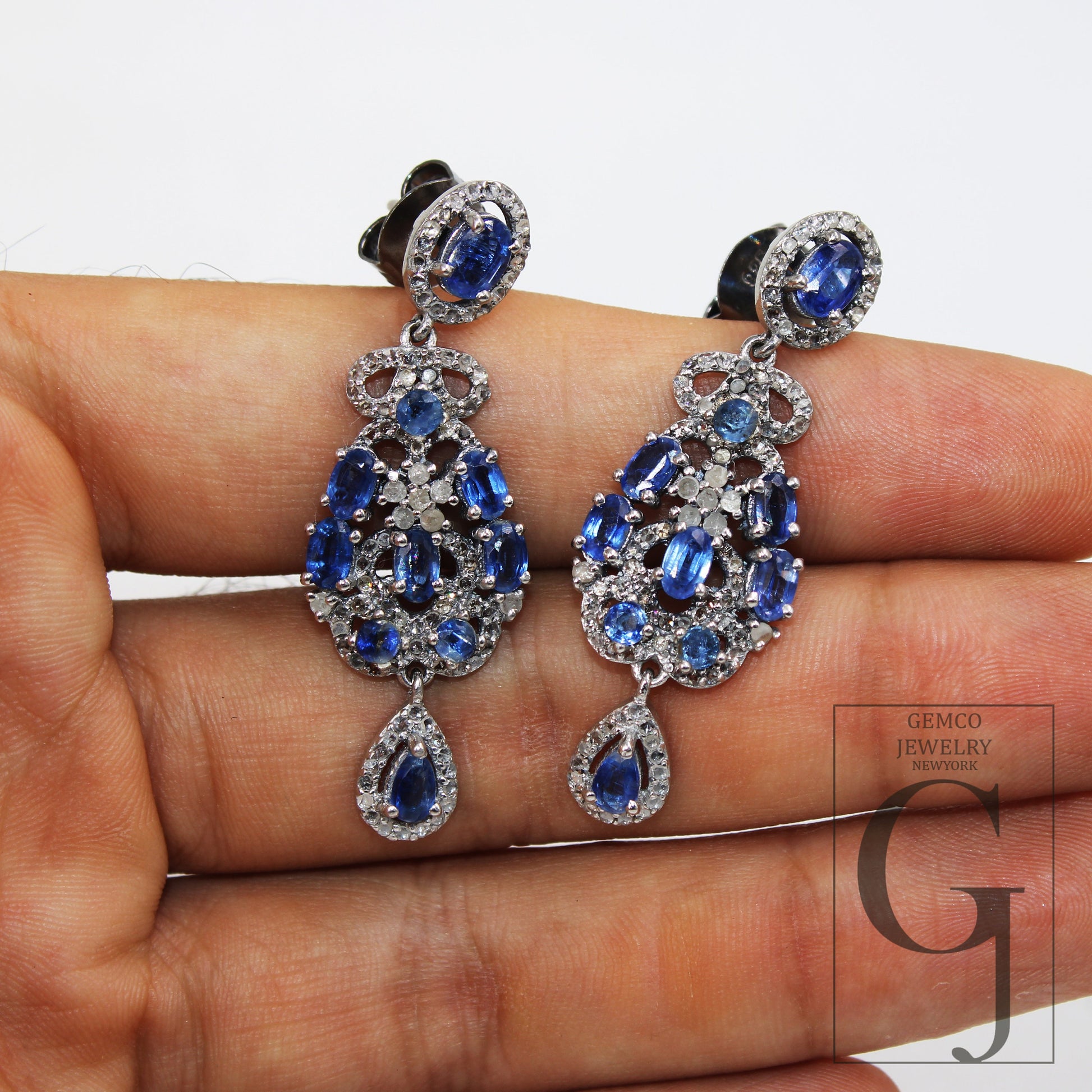 Beautiful blue Kyanite designer earring Rosecut pave diamond earrings 925 sterling silver handmade silver finish diamond Kyanite earrings