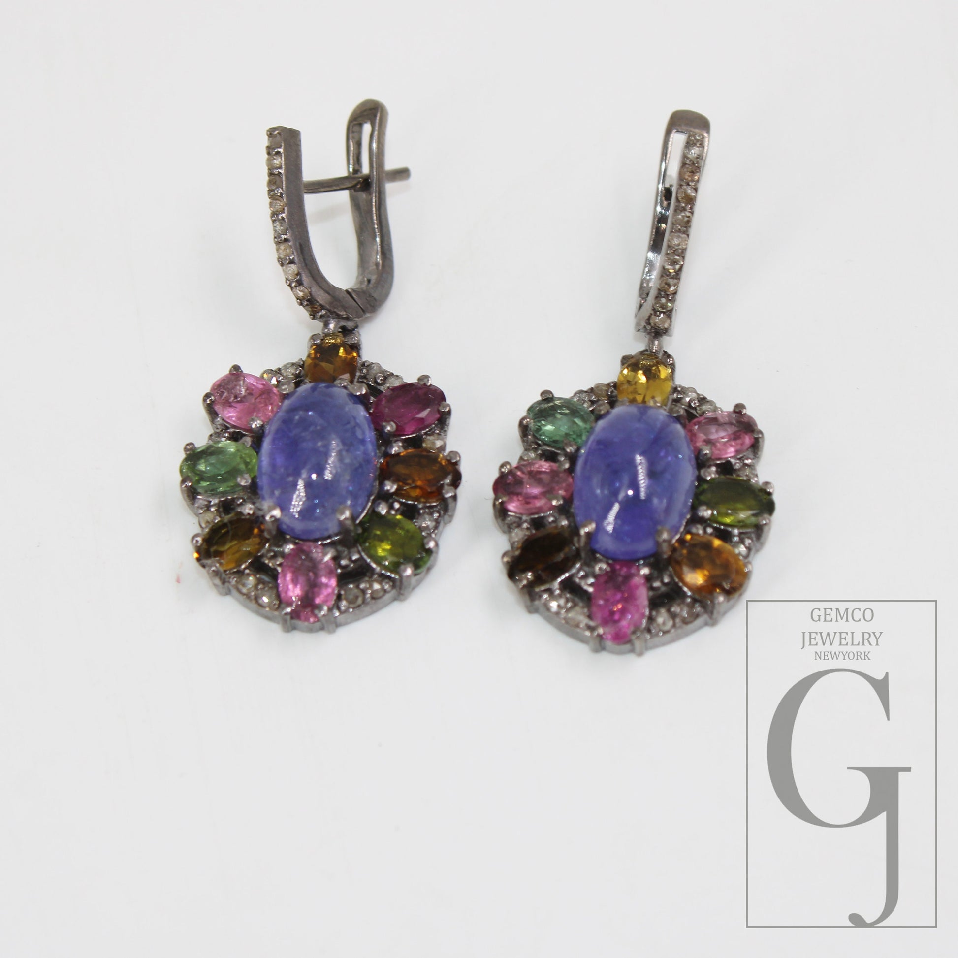 Antique Look Tanzanite Multi Tourmaline Earring Rosecut Pave Diamond Earrings 925 Sterling Silver Handmade Silver Finish Diamond Earring