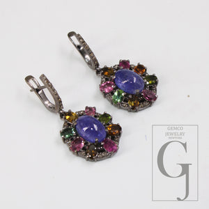 Antique Look Tanzanite Multi Tourmaline Earring Rosecut Pave Diamond Earrings 925 Sterling Silver Handmade Silver Finish Diamond Earring