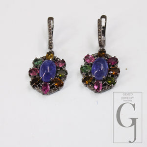 Antique Look Tanzanite Multi Tourmaline Earring Rosecut Pave Diamond Earrings 925 Sterling Silver Handmade Silver Finish Diamond Earring