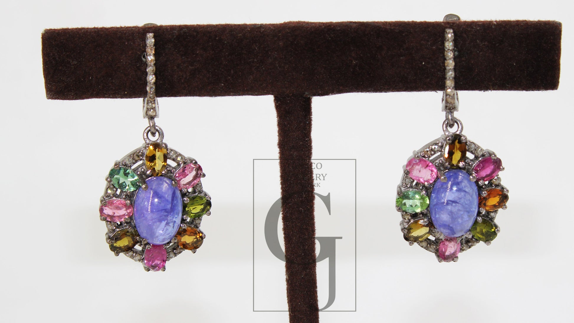 Antique Look Tanzanite Multi Tourmaline Earring Rosecut Pave Diamond Earrings 925 Sterling Silver Handmade Silver Finish Diamond Earring