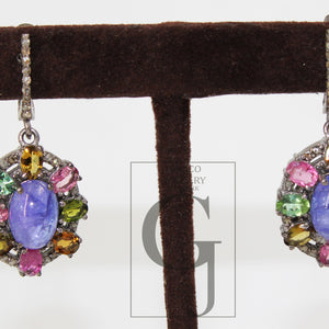 Antique Look Tanzanite Multi Tourmaline Earring Rosecut Pave Diamond Earrings 925 Sterling Silver Handmade Silver Finish Diamond Earring