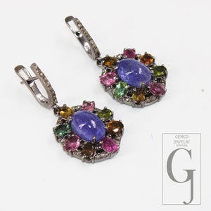 Antique Look Tanzanite Multi Tourmaline Earring Rosecut Pave Diamond Earrings 925 Sterling Silver Handmade Silver Finish Diamond Earring