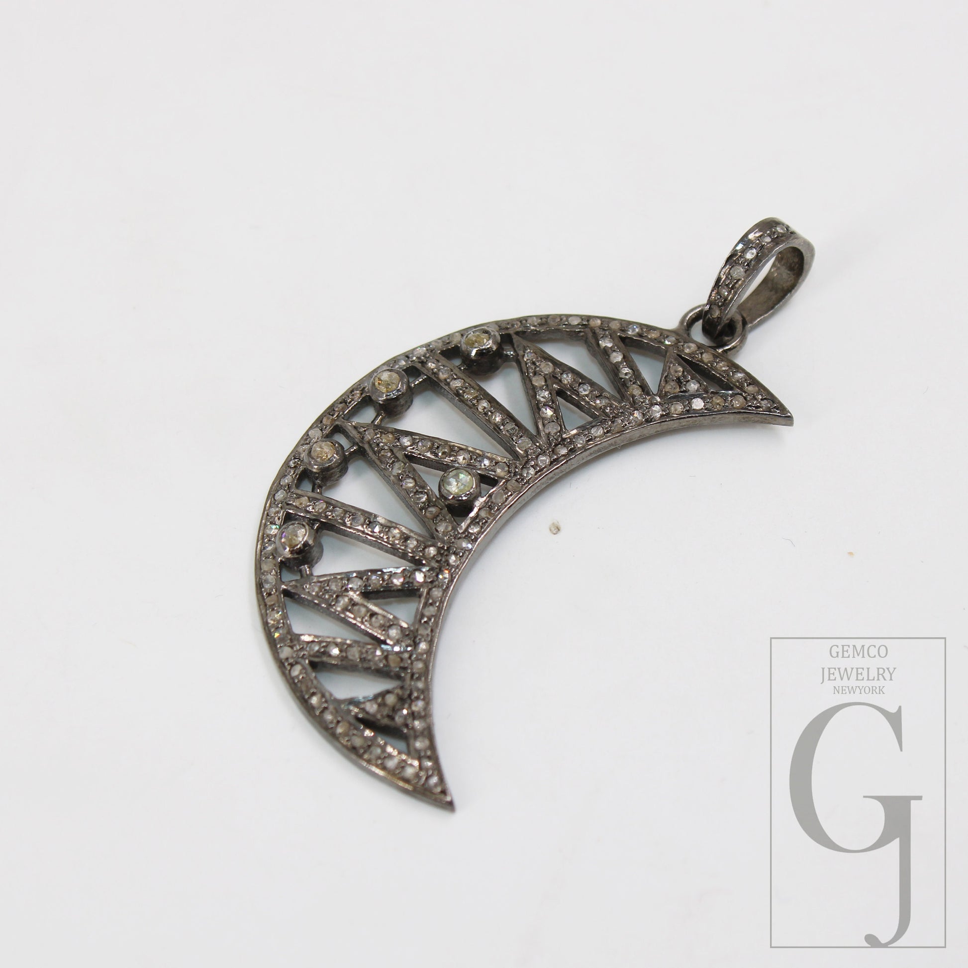1pc Antique Finish Crescent Moon Design Pave Diamond Rosecut Pendant 925 Sterling Silver Pendant Handmade Diamond Pendant Jewelry