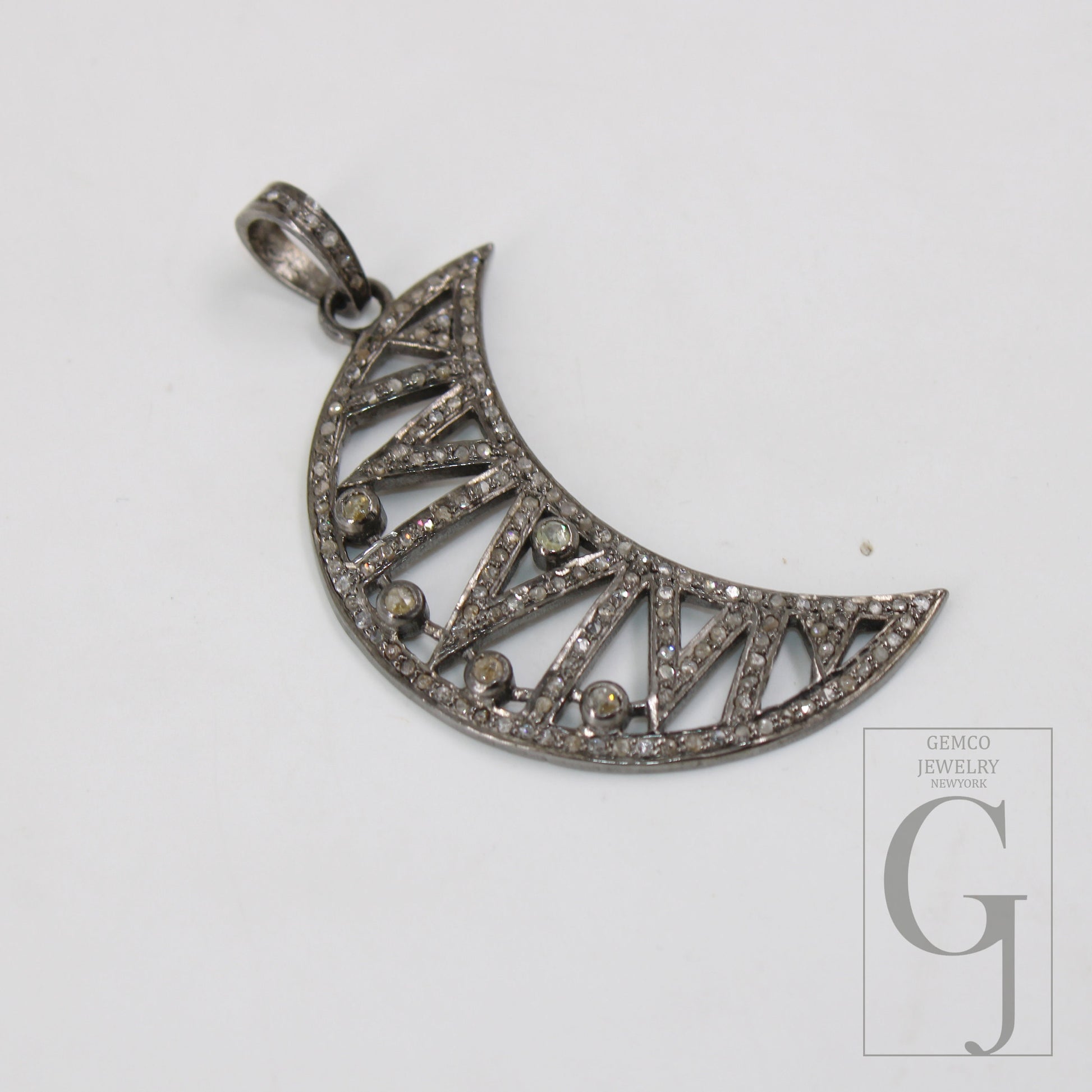 1pc Antique Finish Crescent Moon Design Pave Diamond Rosecut Pendant 925 Sterling Silver Pendant Handmade Diamond Pendant Jewelry