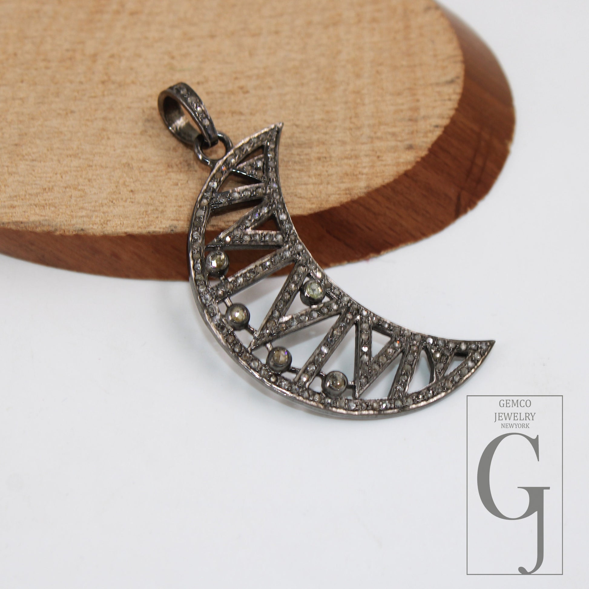 1pc Antique Finish Crescent Moon Design Pave Diamond Rosecut Pendant 925 Sterling Silver Pendant Handmade Diamond Pendant Jewelry