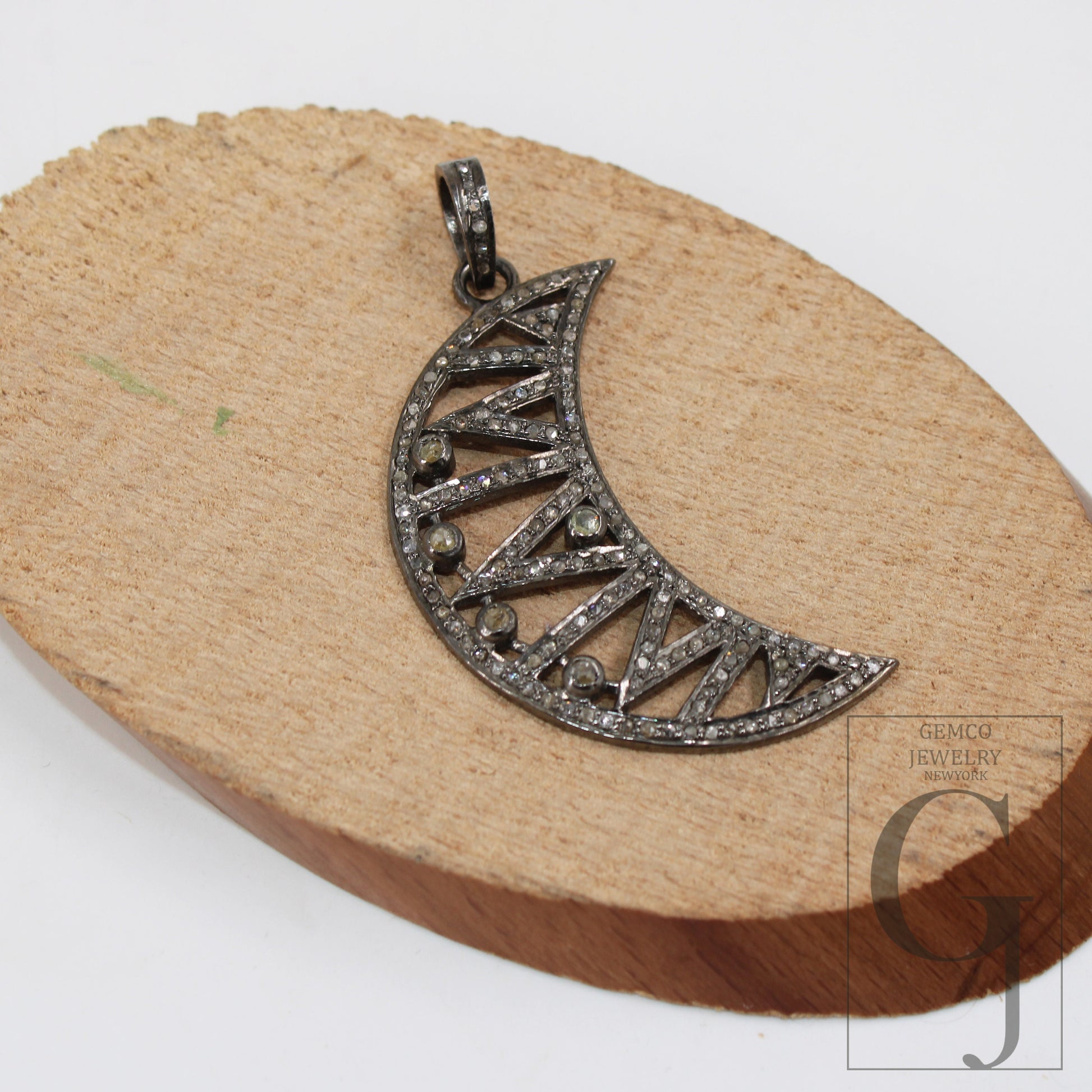 1pc Antique Finish Crescent Moon Design Pave Diamond Rosecut Pendant 925 Sterling Silver Pendant Handmade Diamond Pendant Jewelry
