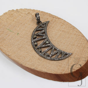 1pc Antique Finish Crescent Moon Design Pave Diamond Rosecut Pendant 925 Sterling Silver Pendant Handmade Diamond Pendant Jewelry
