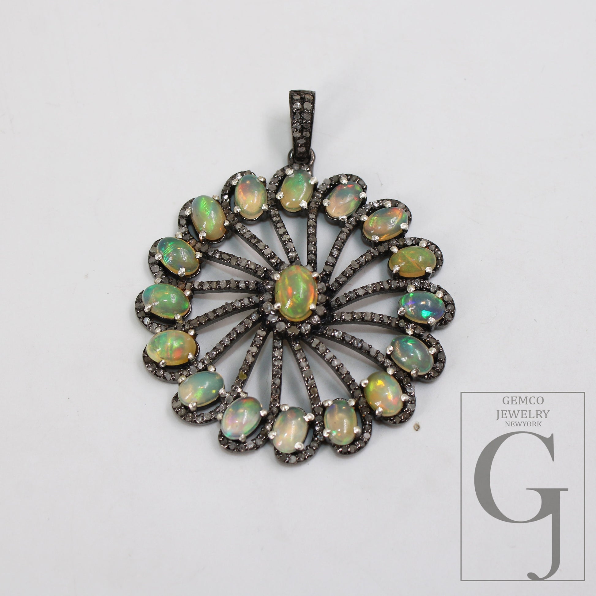 Fired opal designer pendant Rosecut pave diamond pendant 925 sterling silver handmade finish diamond charms necklace pendant