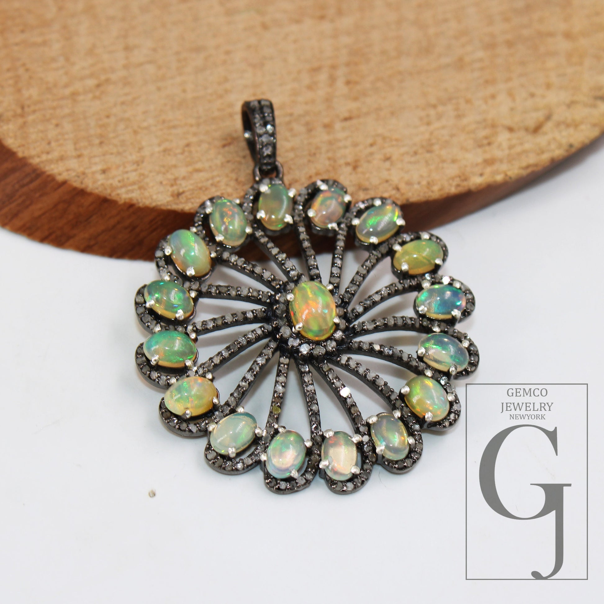 Fired opal designer pendant Rosecut pave diamond pendant 925 sterling silver handmade finish diamond charms necklace pendant