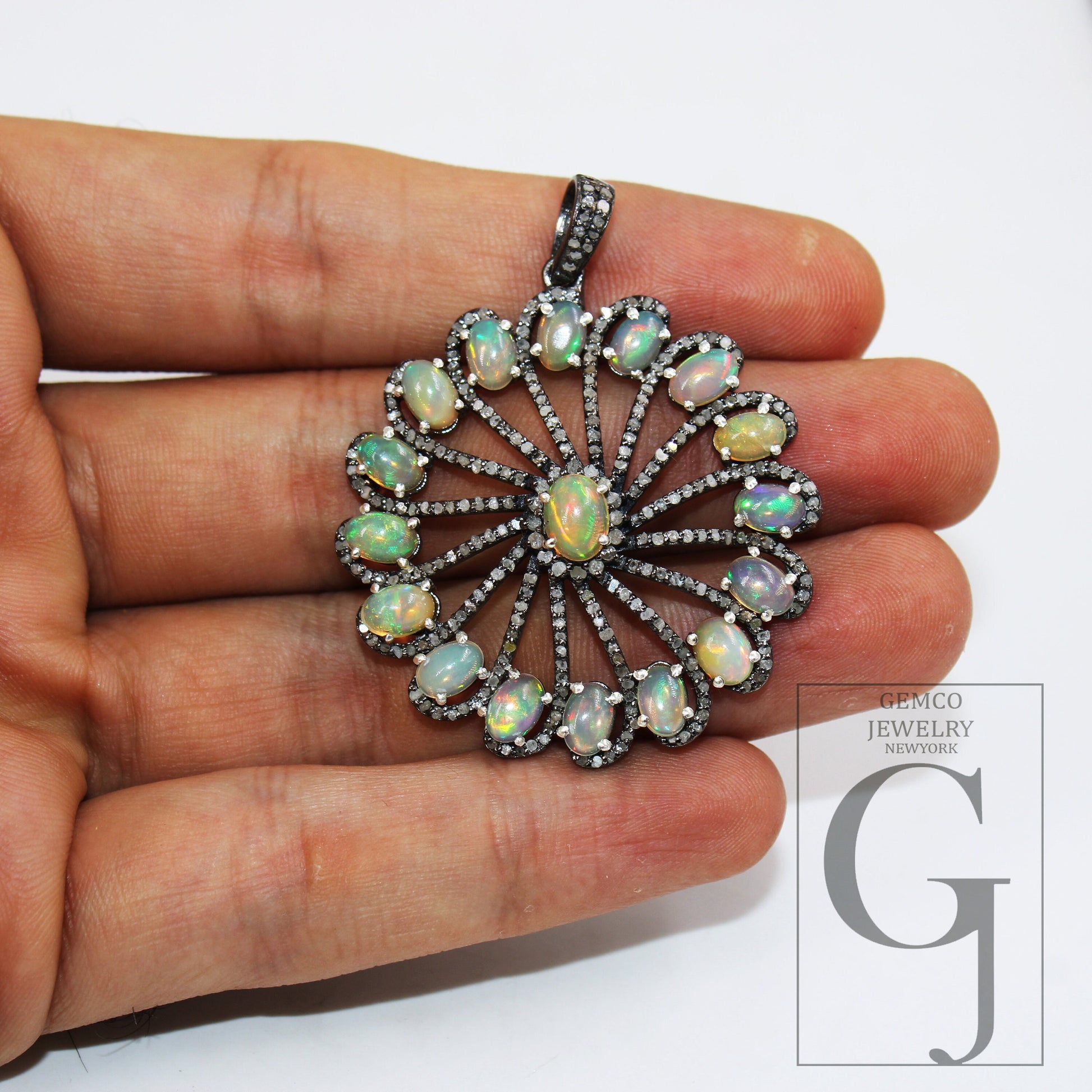 Fired opal designer pendant Rosecut pave diamond pendant 925 sterling silver handmade finish diamond charms necklace pendant