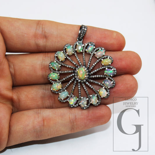Fired opal designer pendant Rosecut pave diamond pendant 925 sterling silver handmade finish diamond charms necklace pendant