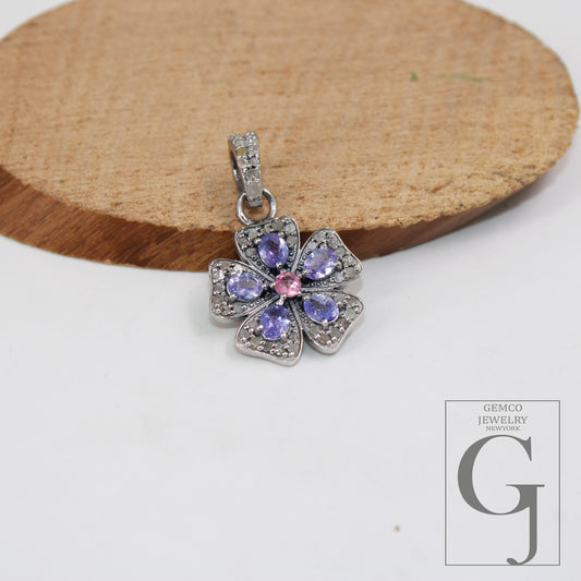 Shiny silver natural tanzanite floral pendant designer Rosecut pave diamond pendant 925 sterling silver handmade diamond necklace pendent